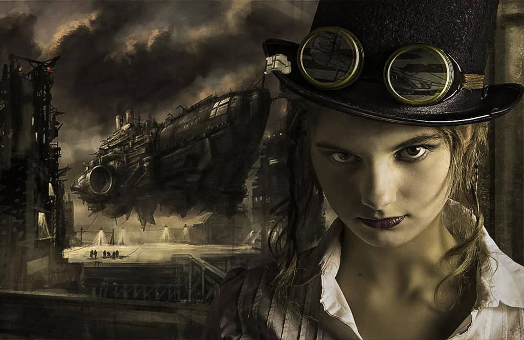 Steampunk spaceship and pilot wearing flying goggles