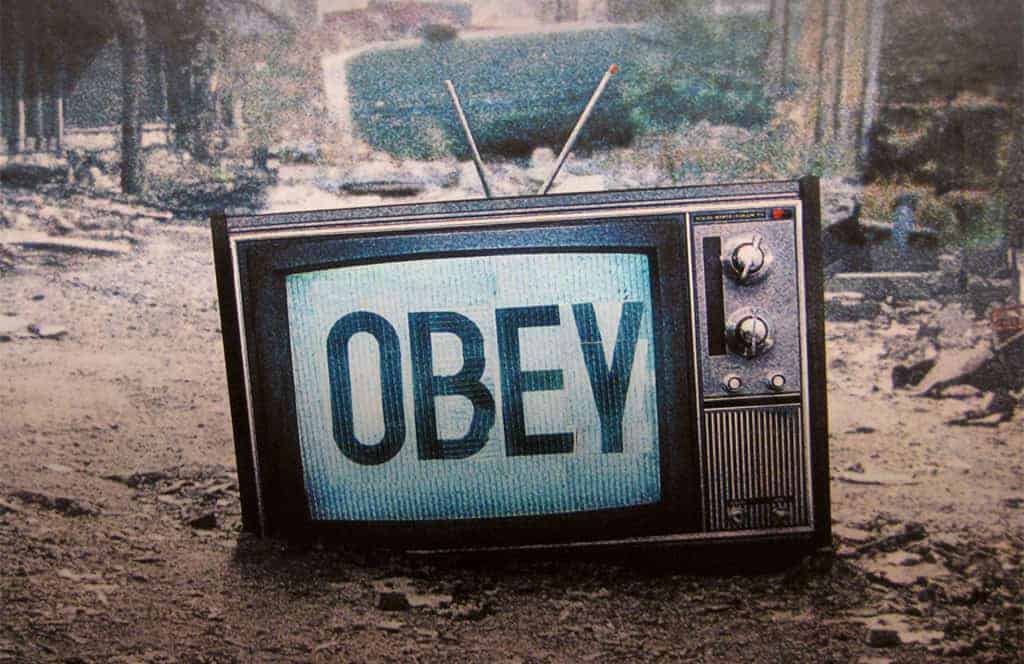 Tube Television with Obey on the Screen in Urban City Art