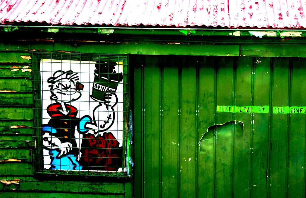 Painting of Popeye with Spinach on Old Tin Shed