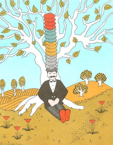 Peddler under tree wearing red caps, blue caps, brown caps, and gray caps.