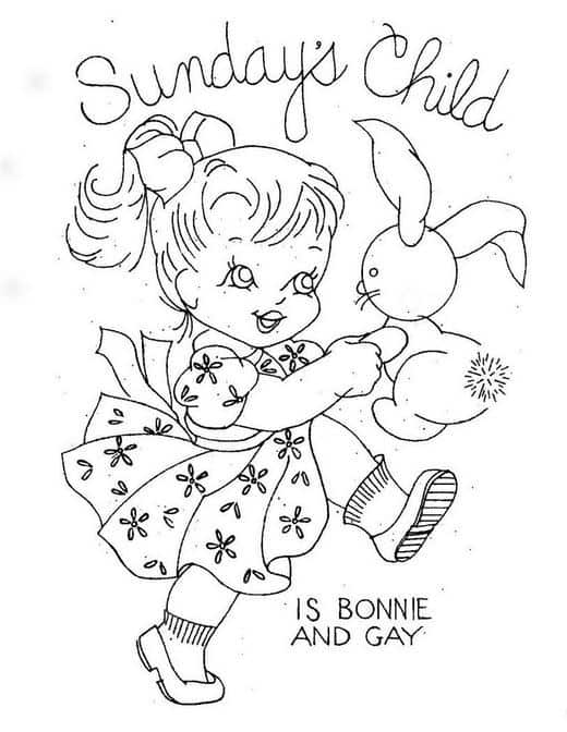 Sunday's child is bonnie and gay. Girl dancing with rabbit