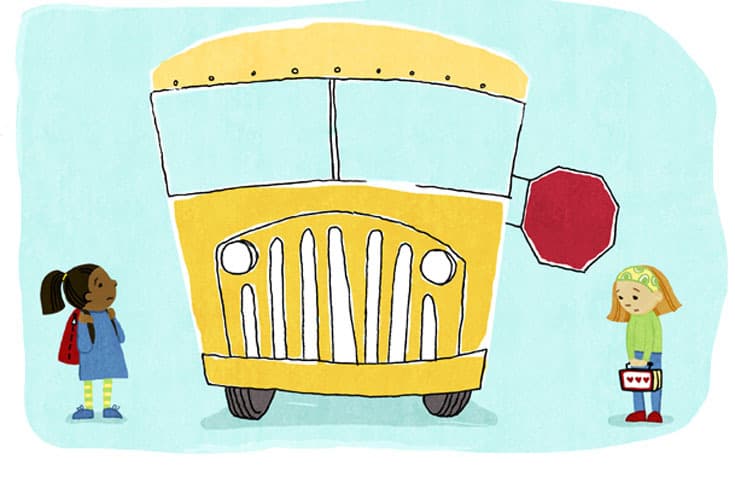 Yellow school bus with two worried girls